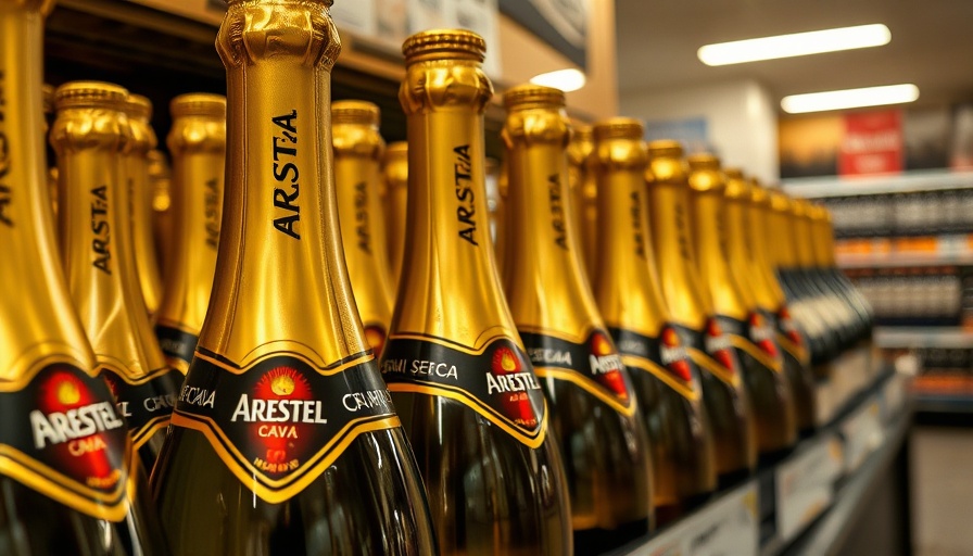 Supermarket shelves with Arestel Cava wine bottles, Americans drinking less alcohol.