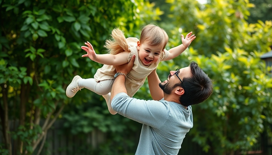 Playful parent-child interaction in garden, focus on smiles.