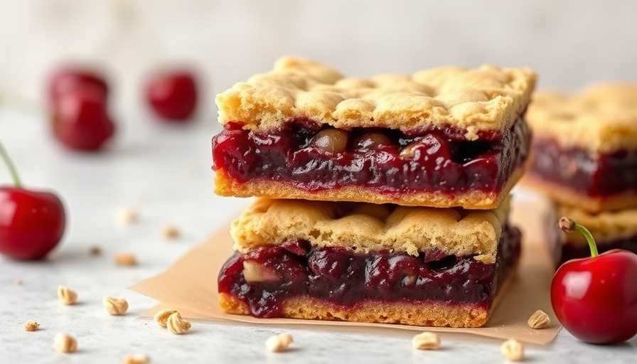 Vegan gluten-free cherry pie bars stacked with fresh cherries.
