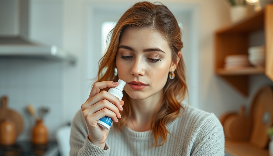 Woman using nasal spray in kitchen promoting 'Vaccinate Yourself Against the Flu'.