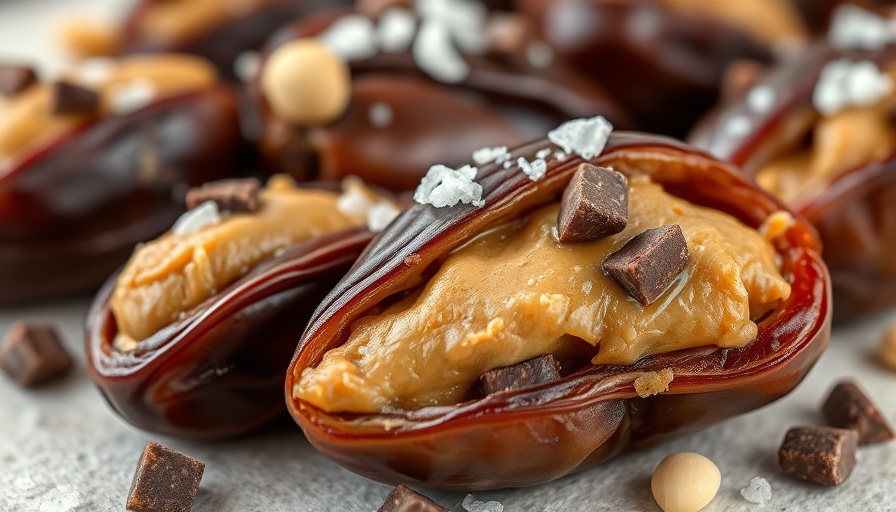 Snickers stuffed dates topped with chocolate and peanuts, close-up.