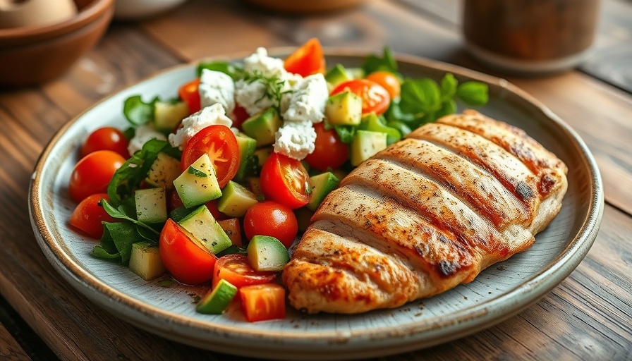 Vibrant tomato cucumber avocado salad with chicken breast.