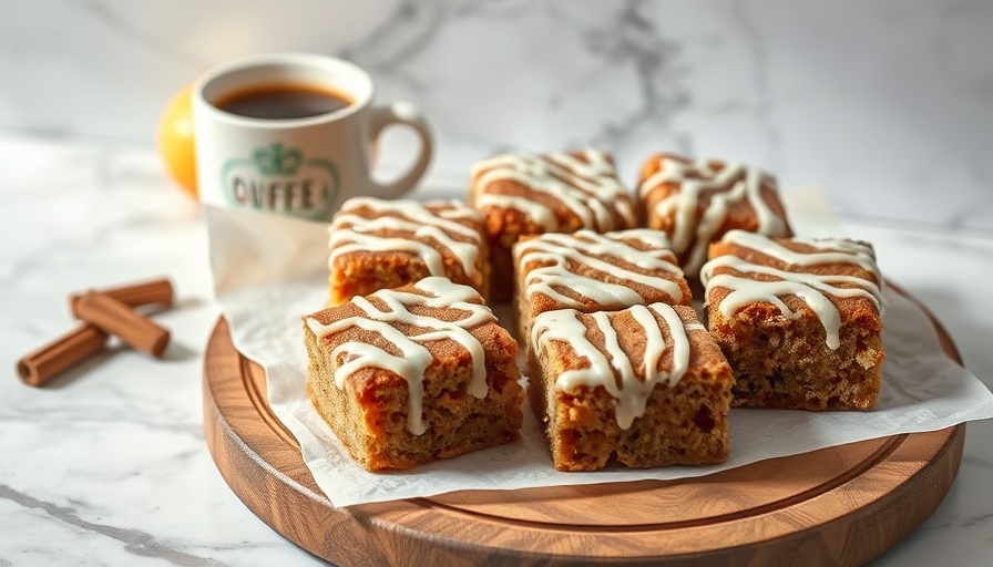 Brown Butter Apple Coffee Cake with glaze on wooden platter.