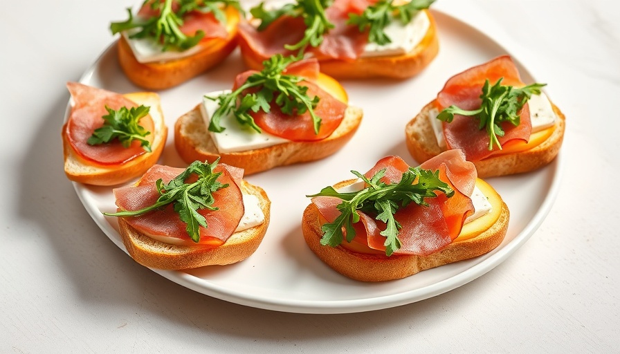 Apple and Brie Crostini with Hot Honey and arugula on a plate.