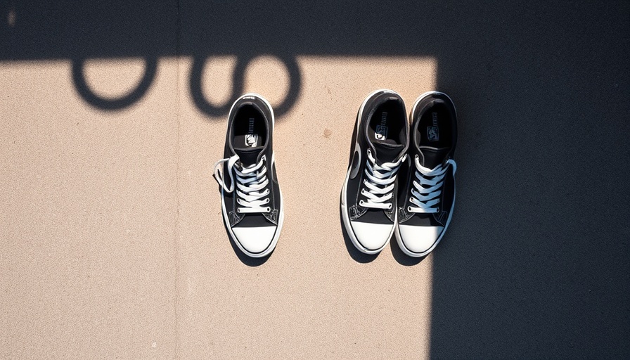 Two pairs of black and white sneakers on concrete highlighting teenage growth.