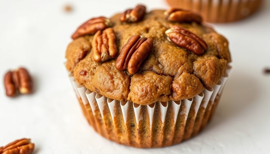 Dairy-free maple pecan protein muffin with pecans on top.
