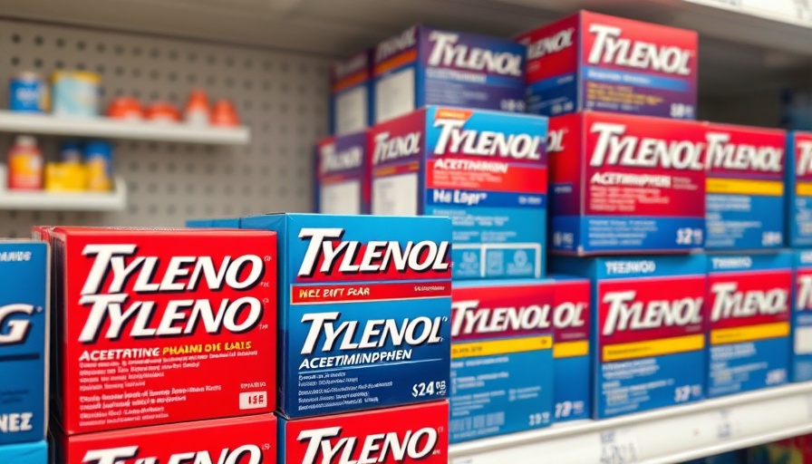 Tylenol boxes on shelf highlighting use during pregnancy.