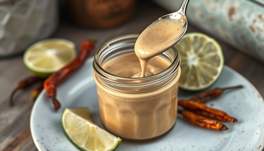 Chipotle Tahini Sauce in jar with lime and peppers, rustic setting.
