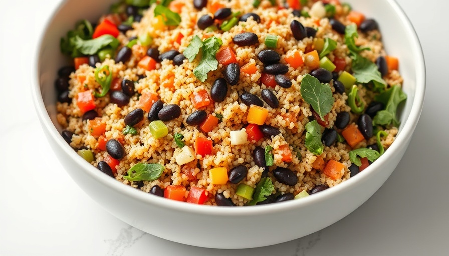 Colorful Quinoa Black Bean Veggie Salad in a white bowl.