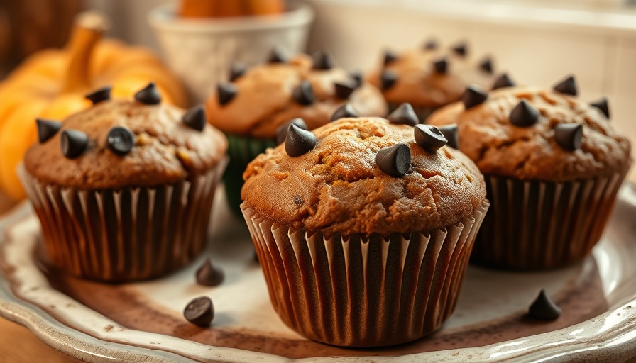 Pumpkin Banana Muffins with chocolate chips on a plate.