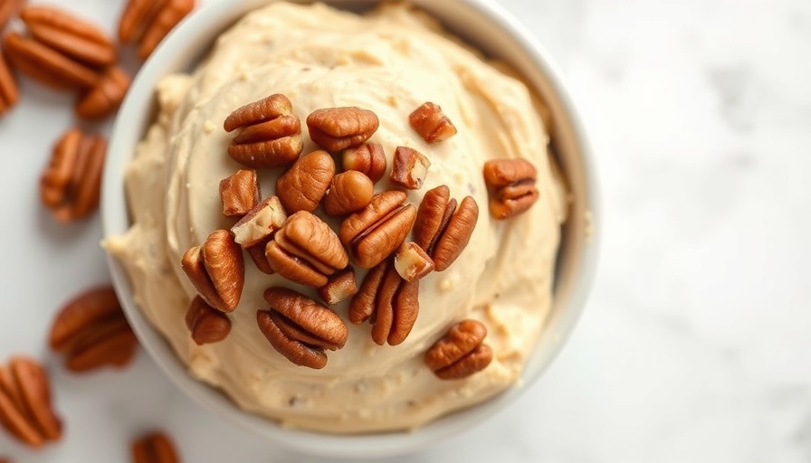 Smooth 3-ingredient pecan pie butter topped with pecans in a bowl.