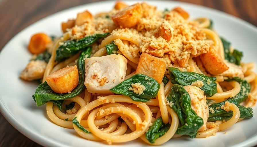 Caramelized Onion Spinach Chicken Pasta Bake on a white plate.