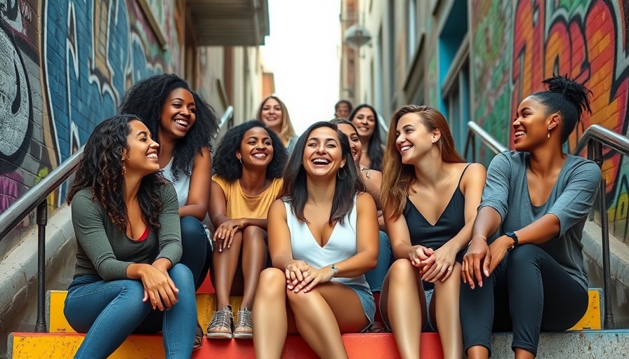Diverse group of women smiling together, vibrant urban setting.
