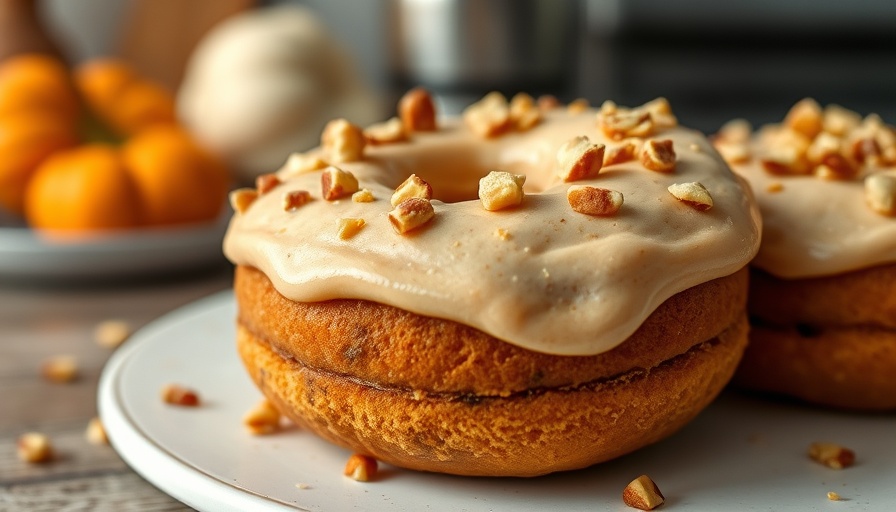 Pumpkin spice protein donuts with frosting and nuts.
