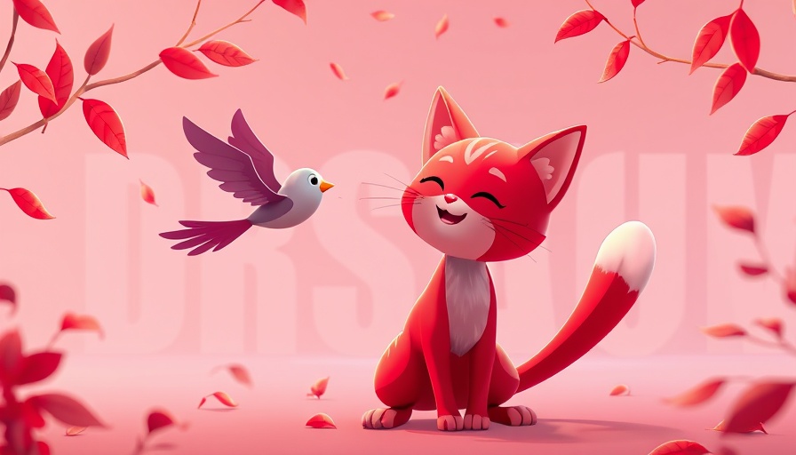 Digital artwork of a red cartoon cat interacting dynamically with a bird, representing CSS intelligence future theme.