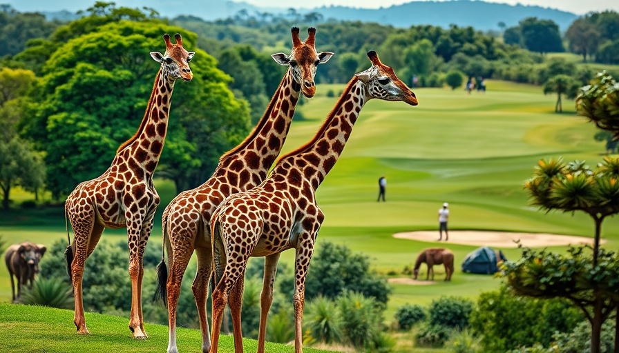 Giraffes watching golfers on a scenic Kenya golf course, lush landscape.