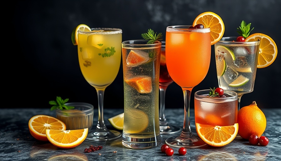 Colorful cocktails on dark surface with a black background.