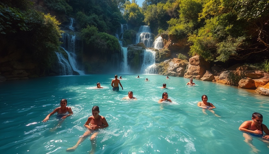 Peaceful Greece hot springs with people enjoying the waterfalls.