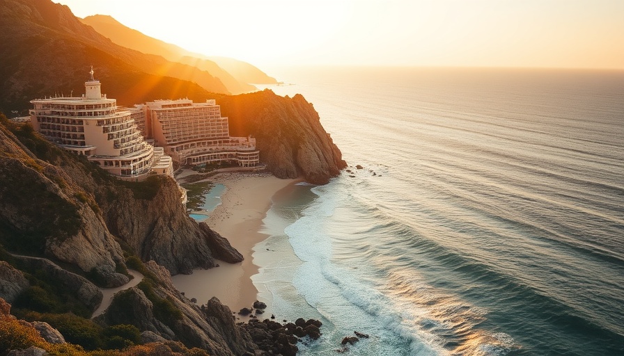 Los Cabos beachfront luxury resorts at sunset.