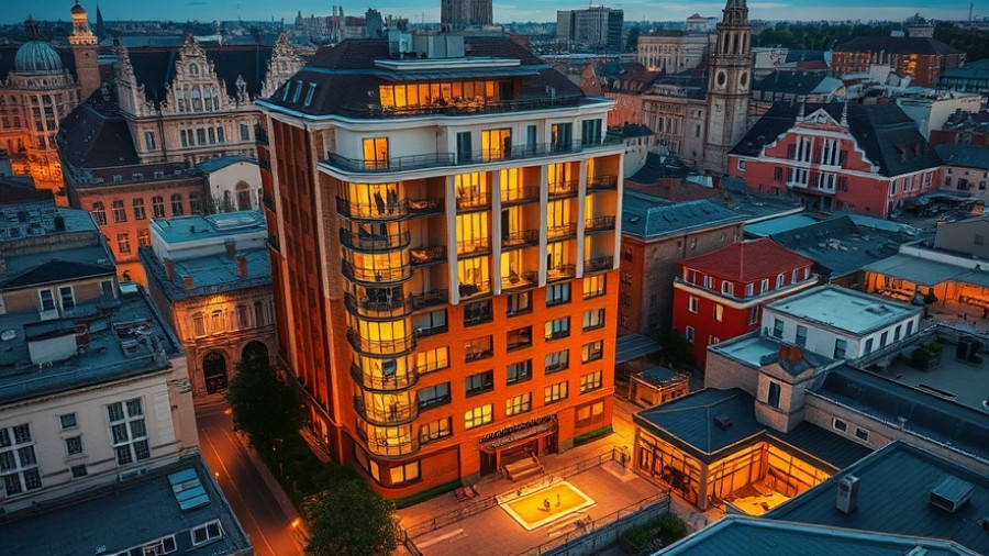 Luxurious urban hotel exterior illuminated at twilight, cityscape view.