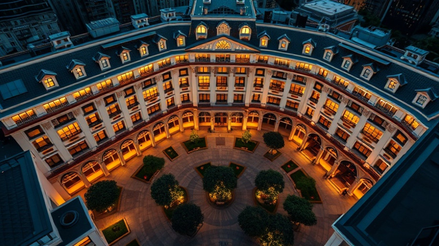 Aerial view of a luxury hotel with illuminated windows at night.