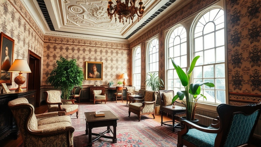 Luxury hotel lounge with vintage decor and bright windows