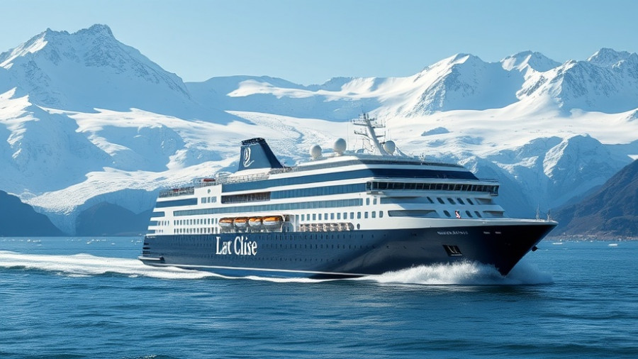 Majestic cruise ship on an Alaska cruise with glacier backdrop.