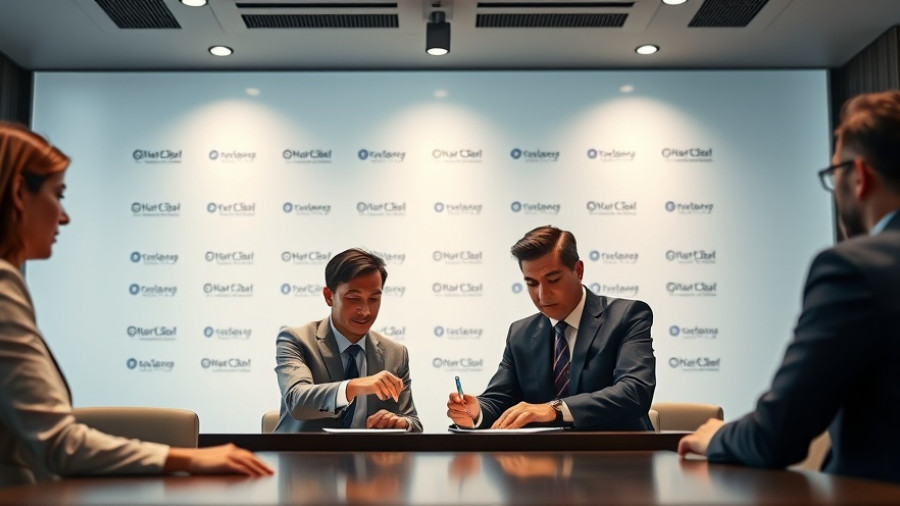 Executives signing agreement in hotel development meeting with branded backdrop.