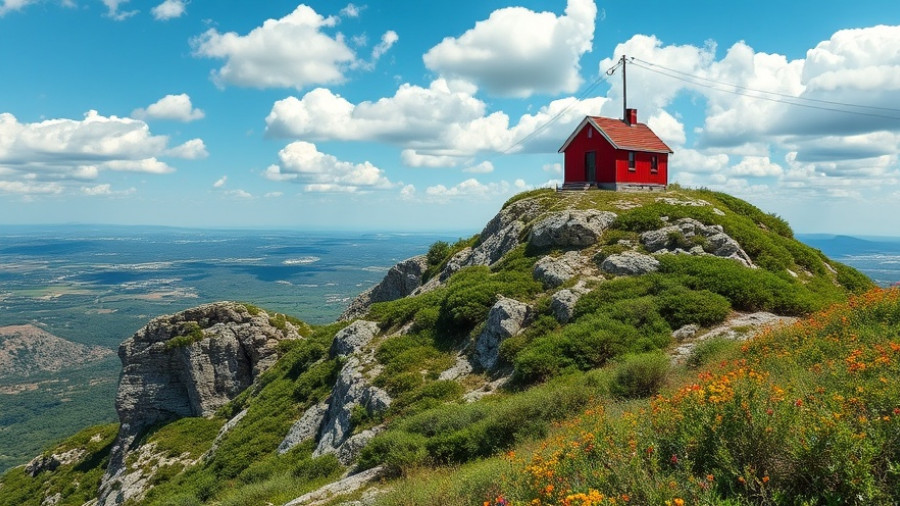 Rocky hill with red house under blue sky in Cagliari.