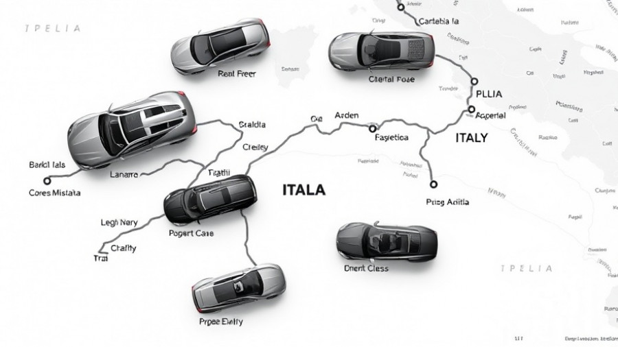 Map of Italy with luxury cars and driving route for a premium experience.