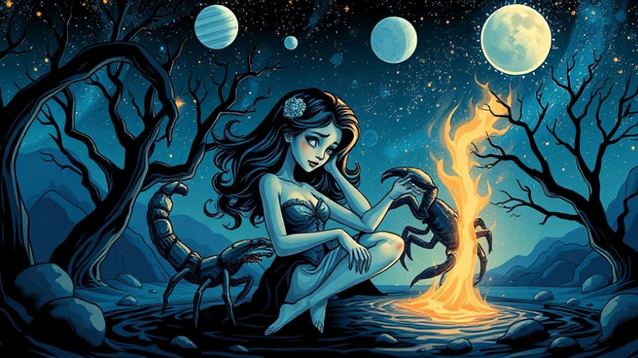 Scorpio woman in mystical forest illustration, November 2025 Horoscope Travel.