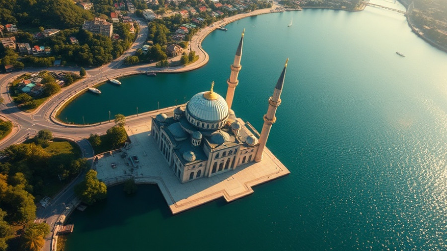 Aerial view of mosque in Malaysia at sunrise, tranquil setting