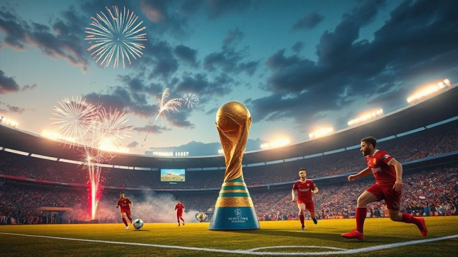 Vibrant World Cup action with players, trophy, and fireworks.