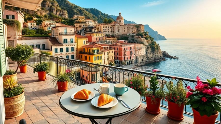 Scenic Positano villa terrace with sea view and intricate tiles.