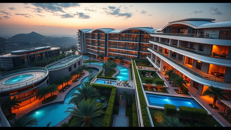 Luxury hotels with futuristic design and rooftop pool.