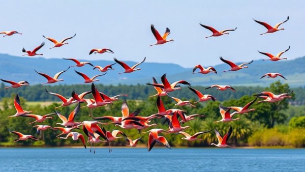 Vibrant flock of flamingos flying over Lake Bogoria with lush greenery.