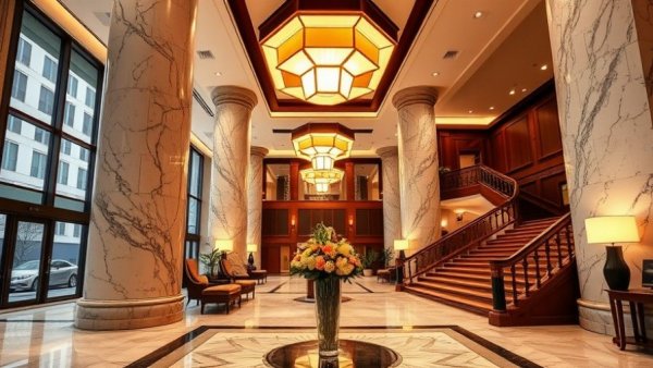 Luxury hotel lobby with grand columns and modern lighting.