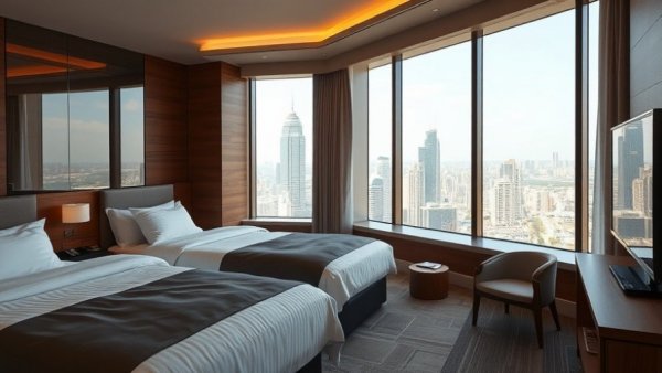 Modern hotel room with city view and elegant decor in a Hyatt property.