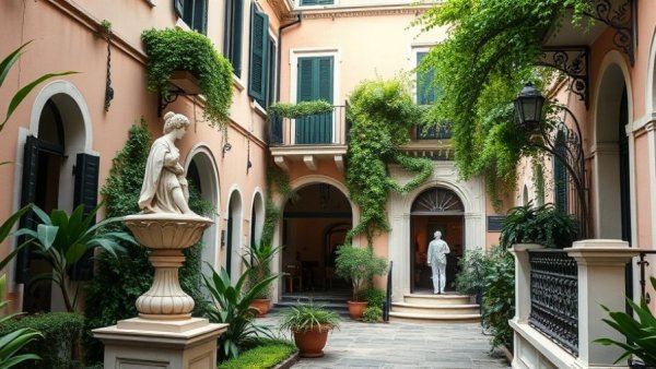 Elegant courtyard entrance of luxury accommodation in Venice, lush greenery.
