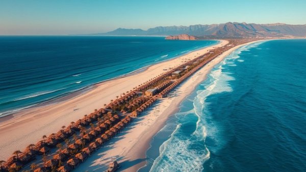Aerial view of a luxury beach resort showcasing cabanas and clear blue sea, highlighting luxury travel trends.