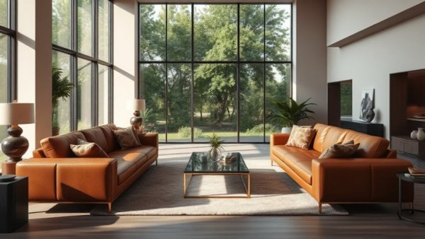 Modern living room with leather sofas by large windows, Sonder shuts down operations.