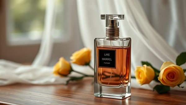 Elegant luxury perfume bottle with floral accents.