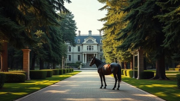 Majestic path to grand hotel with a serene horse in focus.