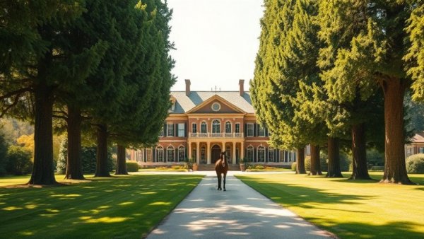 Stately luxury hotel amidst lush garden with horse