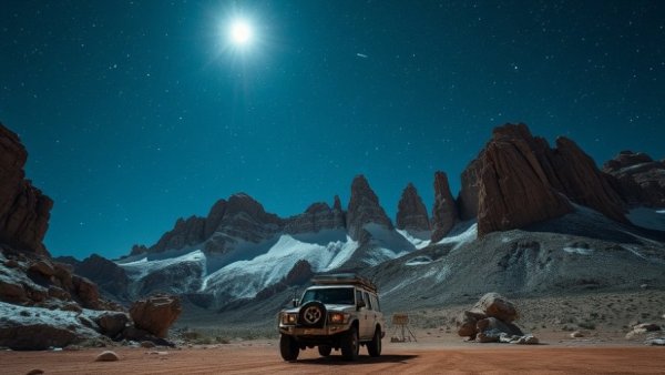 Starry sky over winter camping scene in the Southwest mountains.
