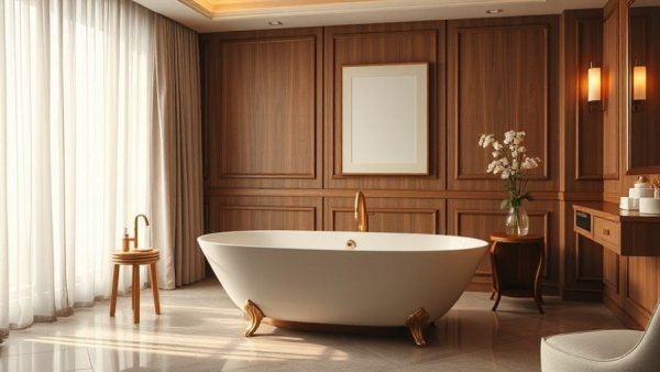 Modern luxury hotel room with freestanding bathtub, ideal for honeymoon destinations.