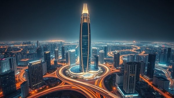 Luxury hotels in a futuristic cityscape at night.