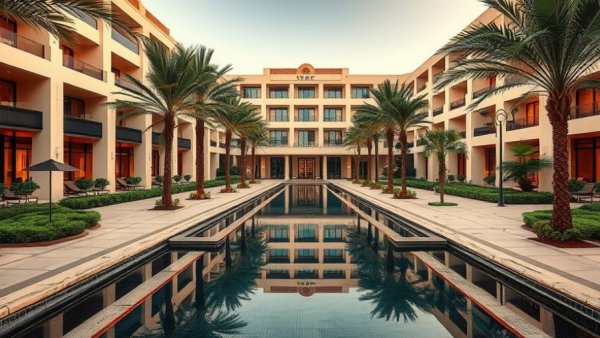 Luxury hotel with palm-lined courtyard and water features