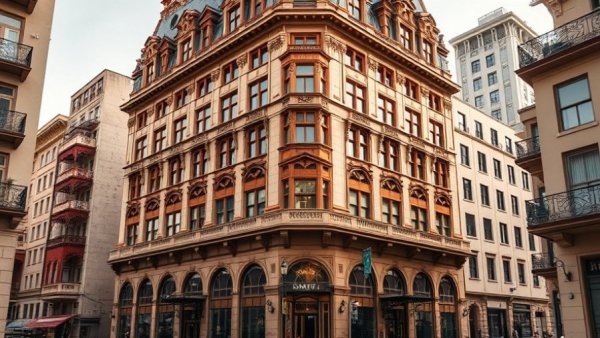 Grand historic luxury heritage hotel with intricate details and urban setting.