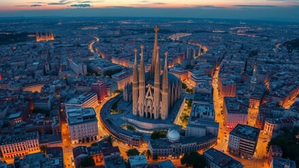 Aerial view of Barcelona with Sagrada Familia at twilight.